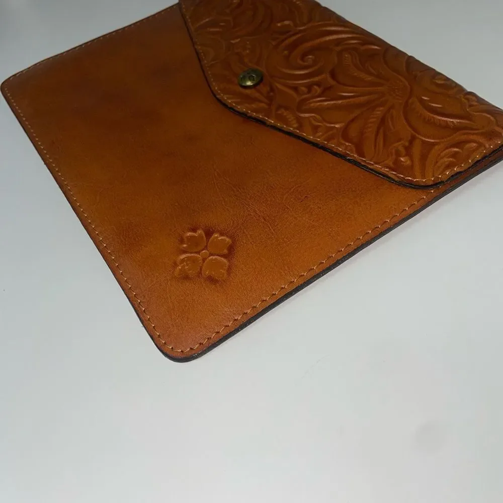 Patricia Nash Tooled Midi Tech Portfolio Brown Leather Clutch